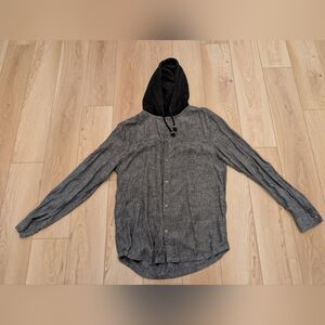 Gray Button-Up Shirt with Black Hood By Ten Tree